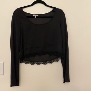 Tobi black sheer crop top with bell sleeves and lace trim